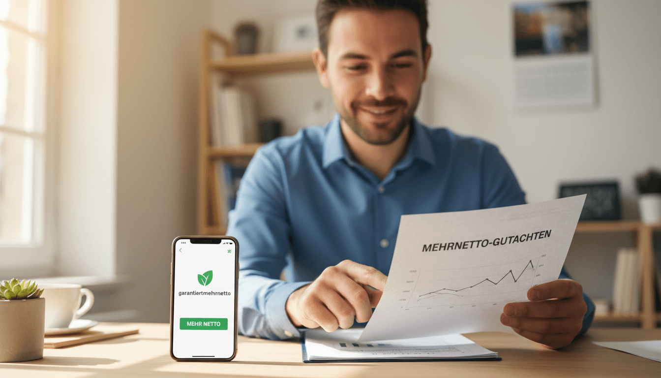 Junger Profi überprüft personalisierte Netto-Gutachten am Schreibtisch