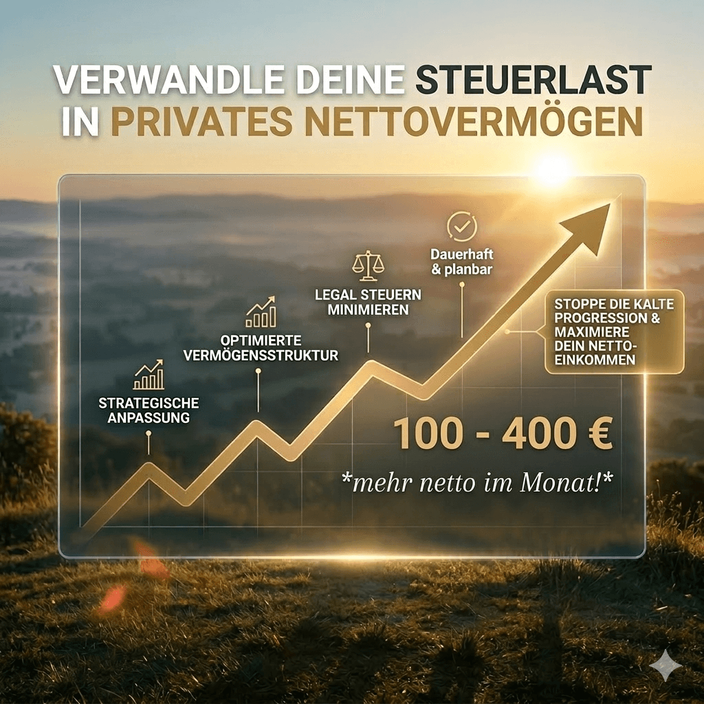 Infografik zur Steueroptimierung mit aufsteigendem Pfeil vor Sonnenaufgang für ein höheres monatliches Nettoeinkommen.